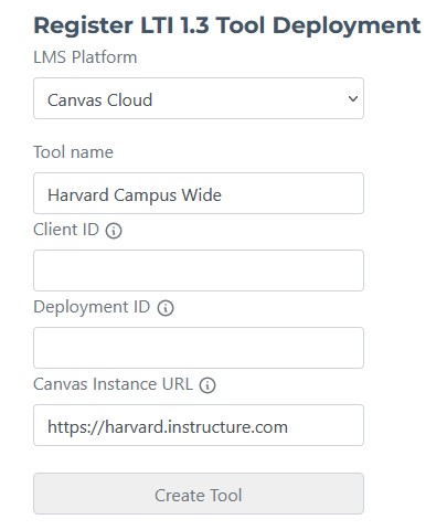 Form for registering a Canvas LTI tool