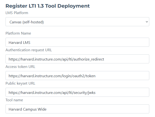 Form for regsitering a Canvs LTI tool